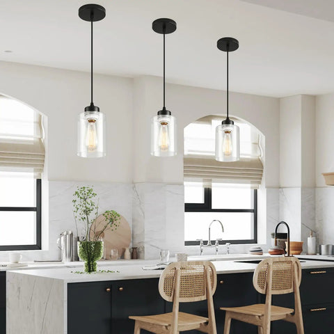 Modern Black Farmhouse Pendant Light With Glass Shade Industrial Style Hanging Light Fixture Adjustable Pendant Lighting For Kitchen Island Bar Dining Room And Bath in modern kitchen setting