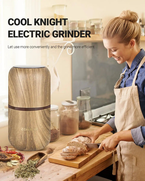 Electric Herb Grinder With Large Capacity And High Rotating Speed For Spices And Herbs Grind 120g In 5 To 10 Seconds One Hand Operation With Visual Lid For Coarse To Fine Grinding Wood Grain Finish Fast And Easy Kitchen Gadget on kitchen counter next to smiling person slicing bread.