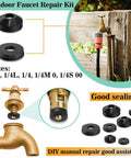 Faucet Washer And O Ring Repair Kit 28 Size 650 Pcs Plumbing Seal Set showing washers, faucet close-up, and outdoor tap.