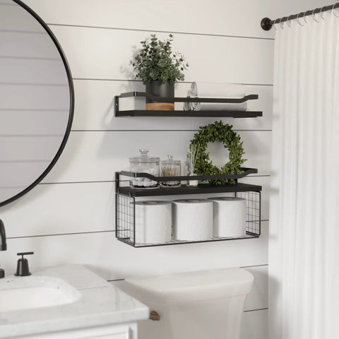 Floating Wood Wall Shelves With Wire Storage Basket Over Toilet Use Gray Finish Metal Guardrail Grab And Go Toilet Paper And Wipes Organizer