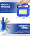 Image showing the Beast Mode Brightness Rechargeable Magnetic LED Work Light With Stand, Portable 2000LM COB Flood Light with dimensions and adjustable bracket.