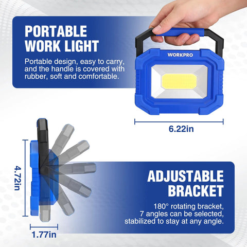 Image showing the Beast Mode Brightness Rechargeable Magnetic LED Work Light With Stand, Portable 2000LM COB Flood Light with dimensions and adjustable bracket.
