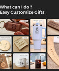 Collage of laser engraving gift samples: leather key fob, wooden tag, metal mug, paper tag, ceramic cup, glass bottle.