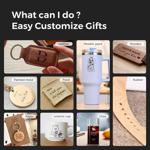 Collage of laser engraving gift samples: leather key fob, wooden tag, metal mug, paper tag, ceramic cup, glass bottle.