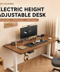 Rock Smooth Electric Height Adjustable Desk With Walnut And White Finish featuring Quiet Lift Motor And Memory Presets Perfect Sit Stand Workstation For Office Gaming Or Creative Projects At 63x24 Inches with monitor and accessories.