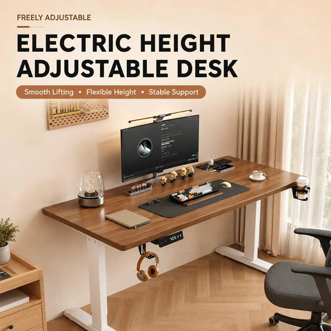 Rock Smooth Electric Height Adjustable Desk With Walnut And White Finish featuring Quiet Lift Motor And Memory Presets Perfect Sit Stand Workstation For Office Gaming Or Creative Projects At 63x24 Inches with monitor and accessories.