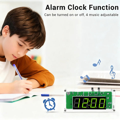 Boy writing near 4-Digit DIY Digital Clock Kit With Acrylic Shell, Adjustable Brightness LED Display showing alarm options.