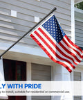 Flag Pole Kit With 3x5 USA Flag 6Ft Heavy Duty Steel Tangle Free Flagpole for Outdoor Home Display mounted on a house.