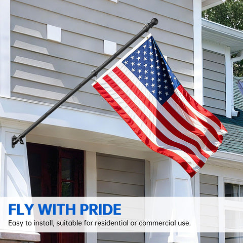 Flag Pole Kit With 3x5 USA Flag 6Ft Heavy Duty Steel Tangle Free Flagpole for Outdoor Home Display mounted on a house.