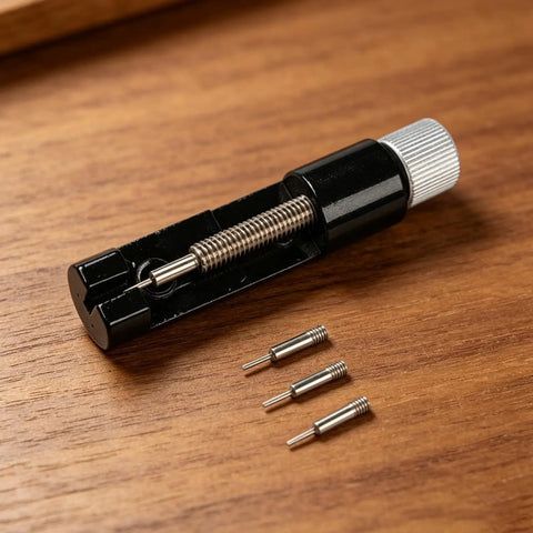 Watch Link Remover Tool With Micro Adjustment Slider For Stainless Steel Bands Includes Extra Pins And Spring Bar Tool on wood