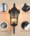 Dusk To Dawn Outdoor Wall Light With Sensor, Hands Free Operation, Matte Black Exterior Lantern showing materials and features.