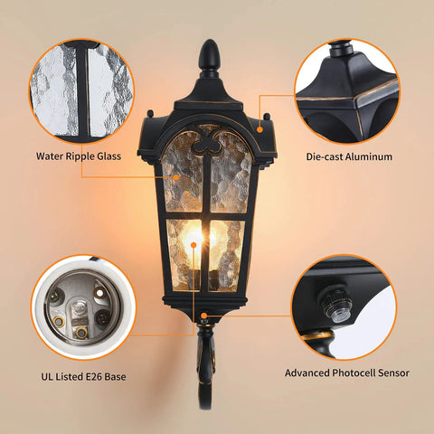 Dusk To Dawn Outdoor Wall Light With Sensor, Hands Free Operation, Matte Black Exterior Lantern showing materials and features.