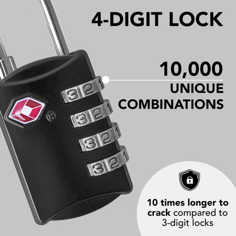 2 Pack No Fuss Durable Steel Luggage Locks With 4 Digit Keyless Combination TSA Approved Easy To Read Dial Perfect For Backpacks Travel Suitcases Toolboxes Filing Cabinets Baggage And Gym Lockers Black showing close-up of 10,000 unique combinations