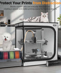 Durable 3D Printer Enclosure With Integrated Ventilation Kit for desktop printers, fireproof cover with pet on top and filament storage.