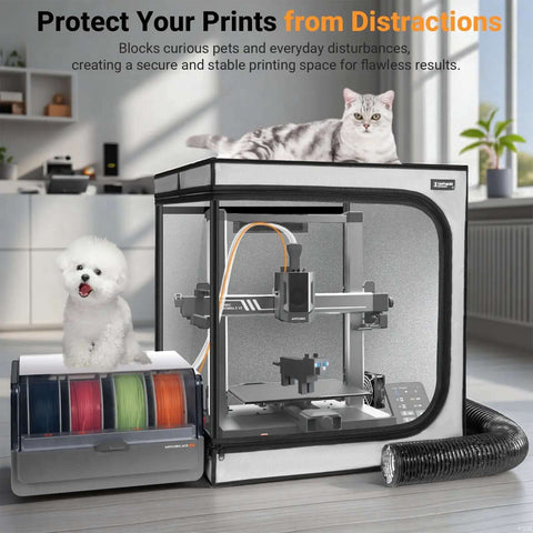 Durable 3D Printer Enclosure With Integrated Ventilation Kit for desktop printers, fireproof cover with pet on top and filament storage.