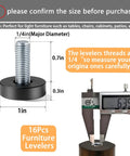 Heavy Duty One Quarter Inch Threaded Leveling Feet Set showing dimensions and caliper measurement, black base