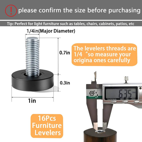 Heavy Duty One Quarter Inch Threaded Leveling Feet Set showing dimensions and caliper measurement, black base