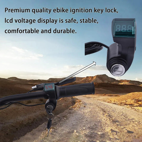 Universal Ebike Ignition Switch With Key And Throttle Display, 12V-96V Voltage Readout, 3-Wire Lock, 63-Inch Cable, Fits 22mm Handlebars, Electric Scooter Key Switch, 2-In-1 Bike Key Ignition