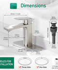 Brass Bathroom Faucet In Brushed Nickel Finish, No-Fuss Single Handle, 1 Or 3 Hole Install, Pop Up Drain, Dimensions Displayed