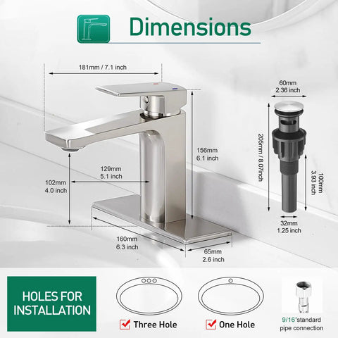 Brass Bathroom Faucet In Brushed Nickel Finish, No-Fuss Single Handle, 1 Or 3 Hole Install, Pop Up Drain, Dimensions Displayed