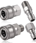 4-piece stainless steel pressure-washer quick-connect coupler set (NPT 1/4, male/female), silver