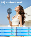 Woman using Ultra Quiet 6 Inch Handheld Personal Fan With 6 Speeds Rechargeable Battery Desktop Base 180 Degree Foldable