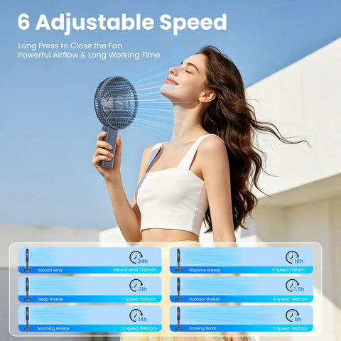 Woman using Ultra Quiet 6 Inch Handheld Personal Fan With 6 Speeds Rechargeable Battery Desktop Base 180 Degree Foldable