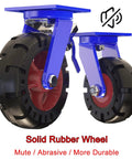 Heavy Duty Industrial Casters With Brakes Solid Rubber Wheels Ball Bearings Smooth Silent Roll Four Pack close-up of solid rubber caster wheels with blue mounts.
