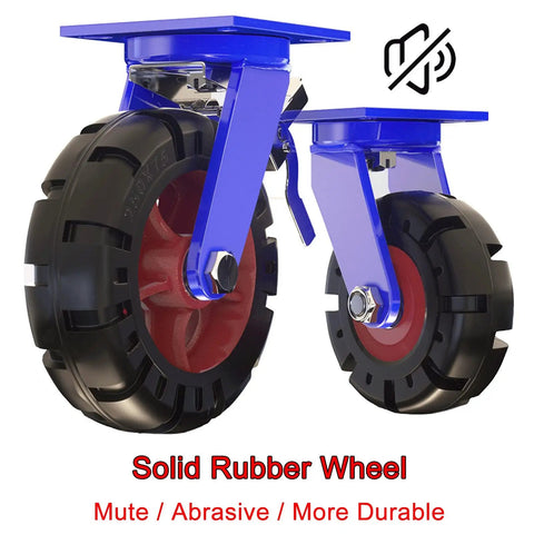 Heavy Duty Industrial Casters With Brakes Solid Rubber Wheels Ball Bearings Smooth Silent Roll Four Pack close-up of solid rubber caster wheels with blue mounts.