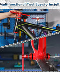 Two Bucklos bike headset press-in and bottom bracket install tools with red handles on black bike frame