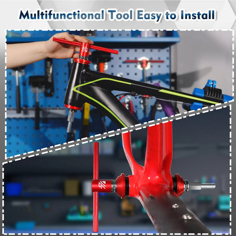 Two Bucklos bike headset press-in and bottom bracket install tools with red handles on black bike frame