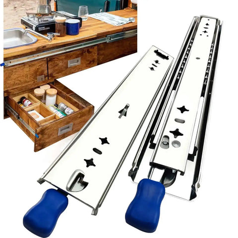 Heavy Duty Full Extension Drawer Slides Rock Solid Steel Rolls Smooth As Silk Silent Ball Bearing Side Mount Hardware With Hassle Free Install And Reliable Lock In Out Mechanism 60 Inch next to drawers in a wooden kitchen setup.