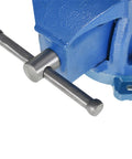 Close-up of Heavy Duty 6 Inch Bench Vise With Anvil And 360 Degree Swivel Locking Base handle and structure.