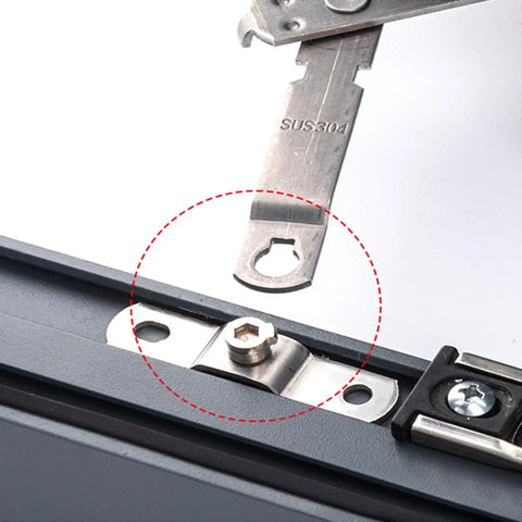 Close-up of Stainless Steel Window Restrictor Stopper For Your Pad Security Keeps Airflow And Light While Lockin Tight in place