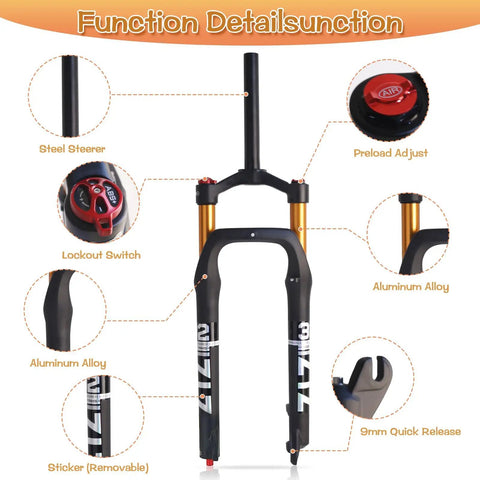 Fat Tire MTB Air Suspension Fork With Rebound Adjust, 120mm Travel, 135mm Hub, 9mm QR, Crown Lockout, with labeled features