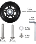 Road Ready Replacement Luggage Wheels For Suitcase Repair Kit with PU bearings, wrenches, axle screws, and washers.