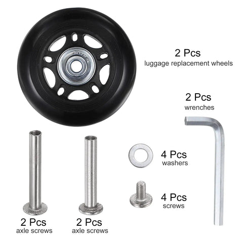 Road Ready Replacement Luggage Wheels For Suitcase Repair Kit with PU bearings, wrenches, axle screws, and washers.