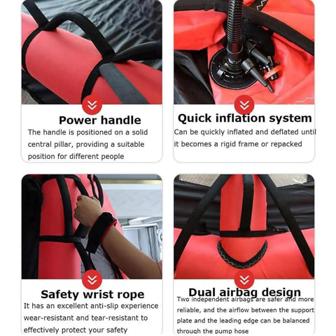 Inflatable Surf Wing For Water Sports featuring power handle, quick inflation system, safety wrist rope, dual airbag design