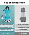 Badass Half Horsepower Stainless Steel Submersible Water Pump With Rock Solid Rust Resistant Build For Fast Crawl Space And Sump Drainage, showcasing stainless steel vs. plastic pump.