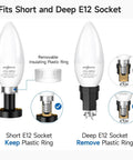 Diagram showing LED bulb compatibility with short and deep E12 sockets with removable insulating plastic ring.
