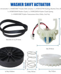 Washer Parts Kit Five Piece Set With Shift Actuator, Drive Belt, Clutch Spring And Pulley Replacement For Easy No Fuss Washing Machine Repair And Maintenance, Compatible With Most Front Load And Top Load Washers; parts shown with measurements