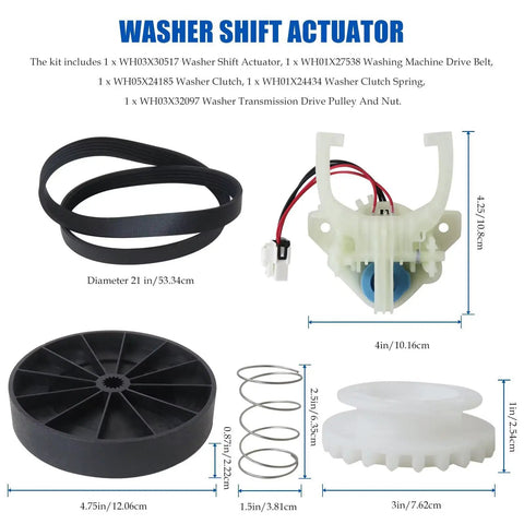 Washer Parts Kit Five Piece Set With Shift Actuator, Drive Belt, Clutch Spring And Pulley Replacement For Easy No Fuss Washing Machine Repair And Maintenance, Compatible With Most Front Load And Top Load Washers; parts shown with measurements