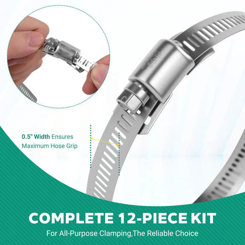 Beefy Heavy Duty 304 Stainless Steel Hose Clamp Band Kit Cut To Fit DIY Length 32.81 Ft With 12 Fasteners shown close-up