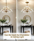 Modern Gold Chandelier Vintage Brass Flower Glass Pendant Light Mid Century Ceiling Lamp overhead view in elegant foyer.