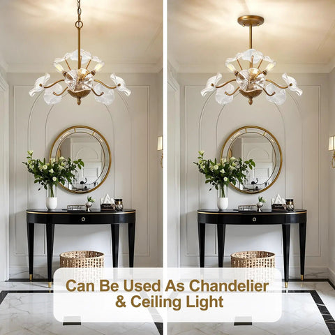 Modern Gold Chandelier Vintage Brass Flower Glass Pendant Light Mid Century Ceiling Lamp overhead view in elegant foyer.