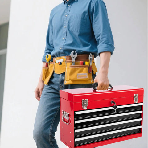 Person carrying a Badass 4 Drawer Tool Chest 21 Inch Steel Portable Toolbox with hand tools in a tool belt.