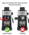 Image of 4 Shot Steam Espresso Cappuccino Latte Maker with unlocked and locked portafilter positions side by side.