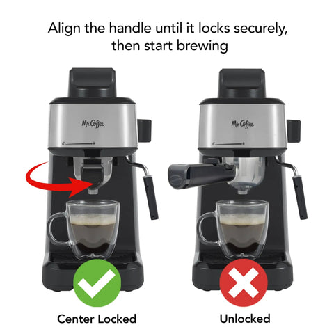 Image of 4 Shot Steam Espresso Cappuccino Latte Maker with unlocked and locked portafilter positions side by side.
