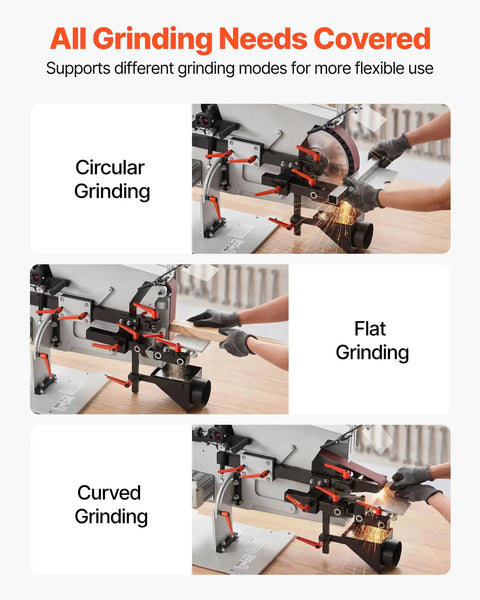VEVOR 1500W Belt Grinder Sander With VFD Variable Speed Control 72X2 Inch Polisher Knife Making Machine showing circular, flat, and curved grinding modes.