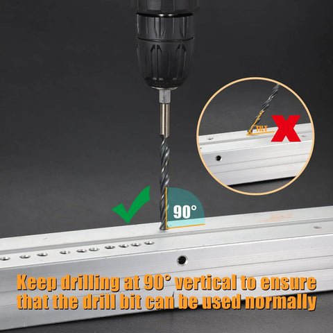 Pro Grade Hex Shank Cobalt Metric Drill Bit Set Featuring High Speed Steel Quick Change Design For Drilling Metal Wood And Aluminum Alloy Badass Durability No Sweat Setup showing proper 90 degree drilling position.